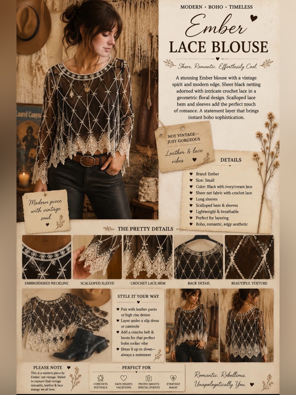 Ember Lace Blouse - Black sheer netted top with Ivory/Cream Lace